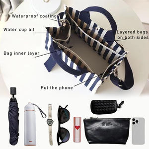 Colorful Letter Stripes Pattern Canvas Tote <b>Bag</b> Women's Casual Reusable Cotton Shoulder <b>Bag</b> & Purse Fashionable Print Design - Product Image 4