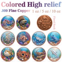 Pièce de monnaie en cuivre pur 999 de 1 oz, série Monde sous-marin 3D en relief UV, édition collector colorée
