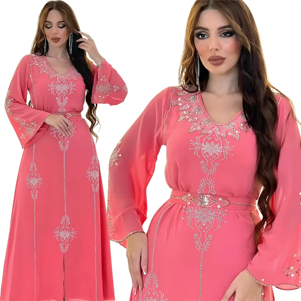 Party Abaya muslimisches Kleid solide Farbe Diamant-Design muslimisches langes Kleid Sommermode Chiffon Abayah Islam muslimisches Kleid