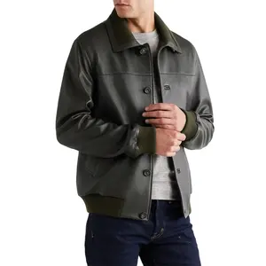 Custom men full grain leather blouson bomber jacket with lined