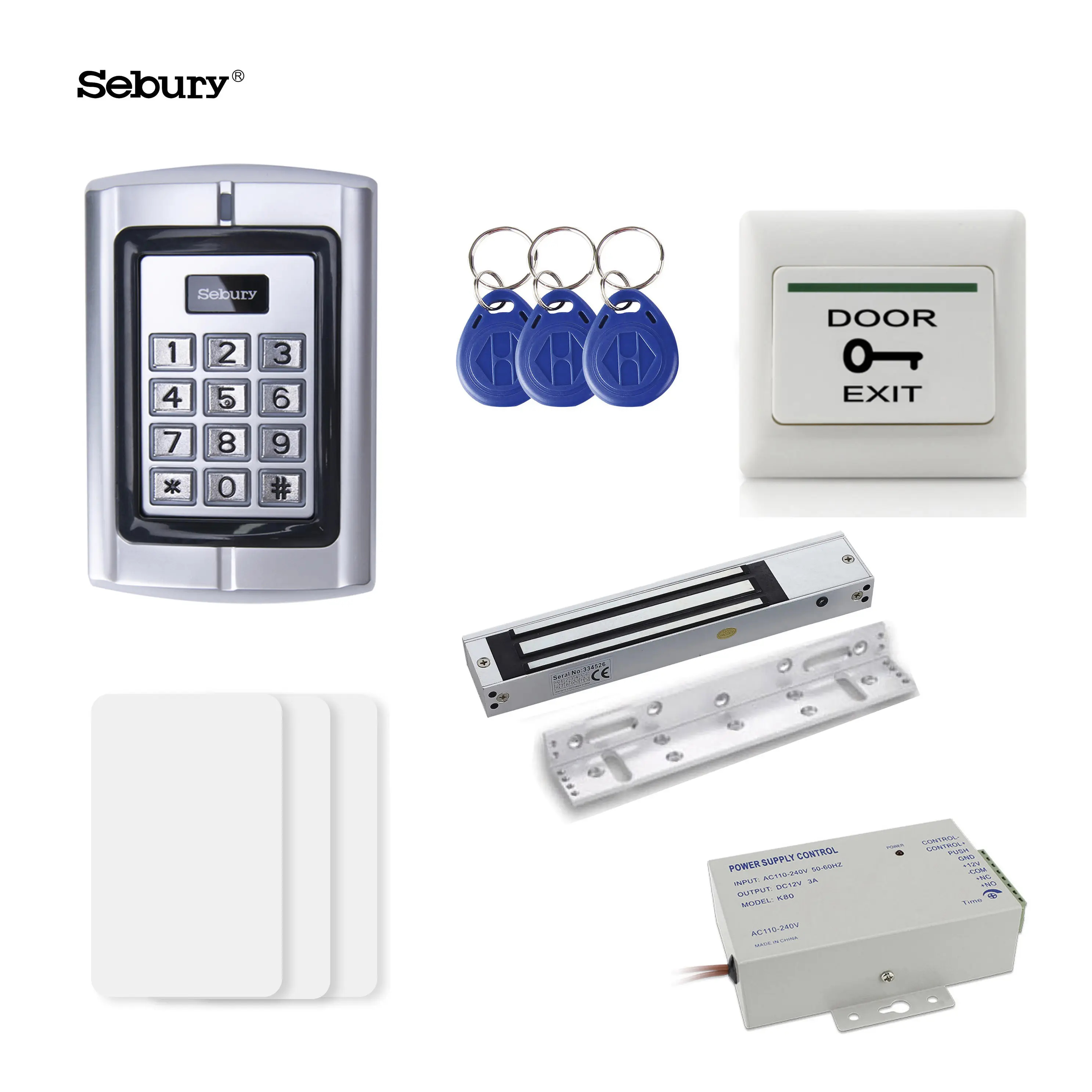 Sebury Hot Sale Full Set of RFID 125khz Door Access Control System+Power Supply+Magnetic Lock+Door Exit Button+Key Fob+Key Card