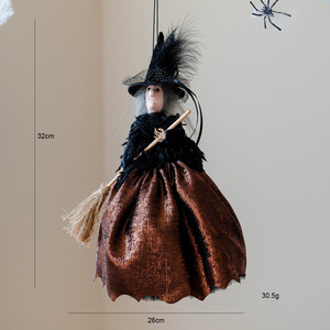 Longstar Ornements de sorcières suspendus effrayants, poupées en coton brillant assorties, chapeaux en plumes noires, balais avec lumières clignotantes pour Halloween - Product Image 6