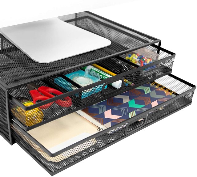 Metal Mesh Monitor Riser Desktop Stand with Storage Drawers for Computer Laptop LED LCD OLED Flat Screen Display and Printer