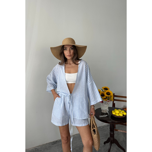 Conjunto de túnica y pantalones cortos a rayas azules, conjunto informal de verano para mujer, ropa de playa holgada - Product Image 4