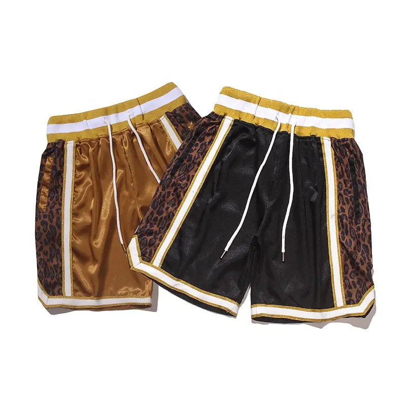 Private label mens leopard print athletic shorts zipper pockets side panel summer shorts sublimation basketball satin shorts