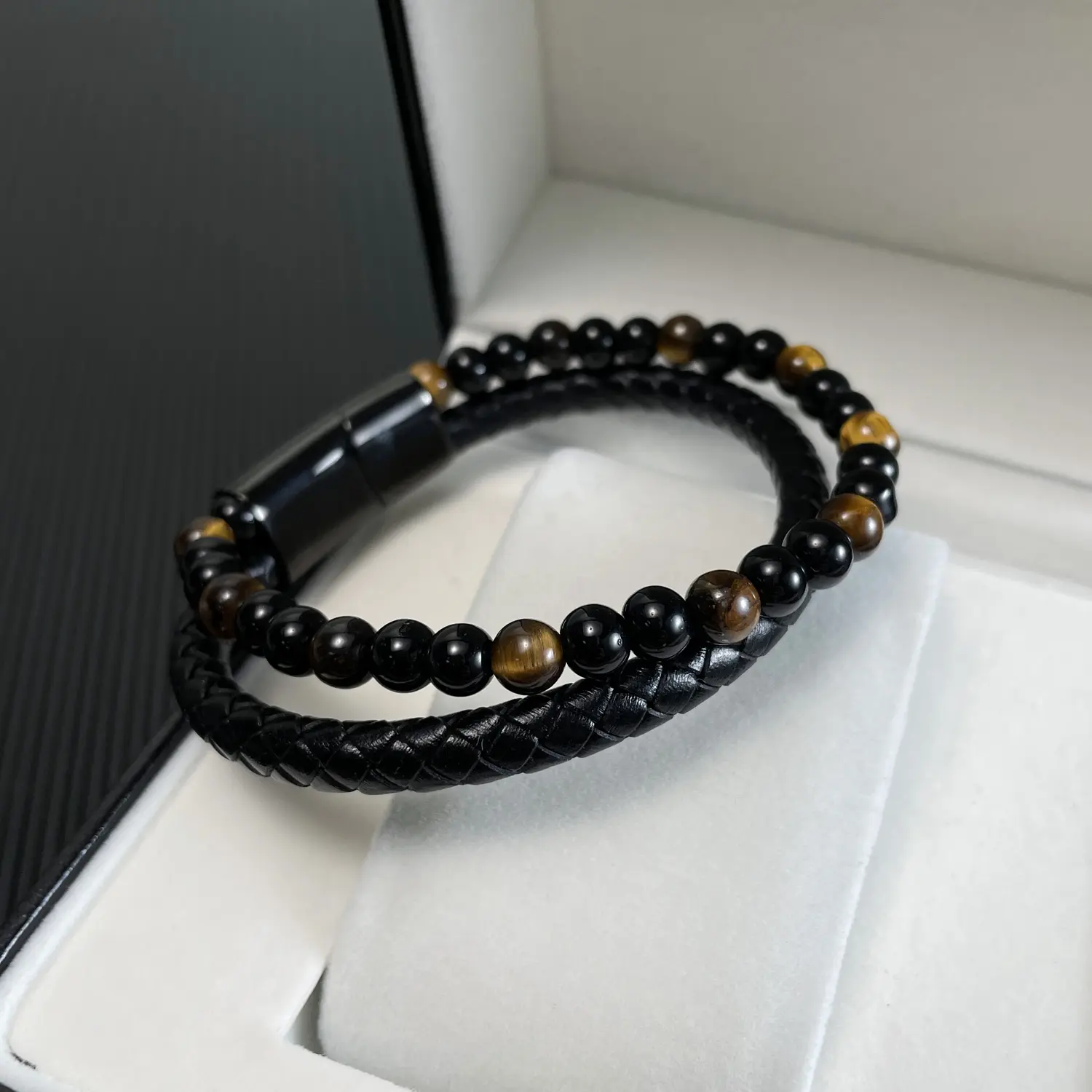 Pulsera de cuero de acero inoxidable para hombre, brazalete de cuero tejido de ojo de Tigre, estilo urbano