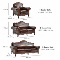 Ensemble de canapés vintage en cuir véritable marron durable 1, 2 et 3 places pour la maison, la villa, l'hôtel, la réception, le salon