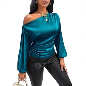 <span class=keywords><strong>Blusa</strong></span> de Satén para Mujer, Estilo Europeo y Americano, Primavera/Verano, Manga Larga Asimétrica, Cuello Inclinado, para Comercio Transfronterizo - Product Image 1
