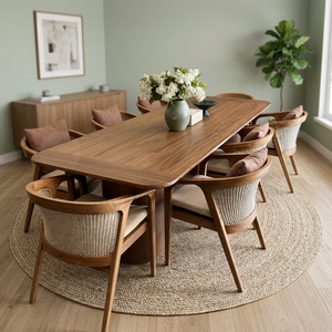 Ensemble de table à manger minimaliste en teck massif de luxe, respectueux de l'environnement, avec chaise en rotin, mobilier moderne pour villa et hôtel - Product Image 2