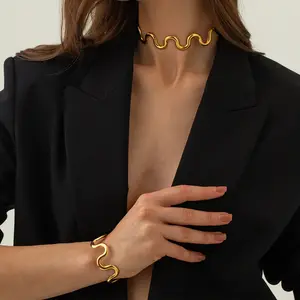 18K Vergulde Roestvrijstalen Grote Golfvorm Choker Ketting Vrouwen Bezoedelen Gratis Sieraden Teken Ketting