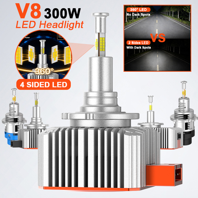Victor V8 D1S D2S D3S D4S D5S D8S HID to LED Headlight Bulb 300W 30000 lm 12v New 6000k 4-Sided No Dark Zone No Blind Spot