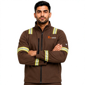 Tiierwear <b>Men's</b> Brown Work <b>Jacket</b> with <b>Reflective</b> Strips Stand Collar Zipper Pockets Windproof for <b>men</b> - Product Image 1