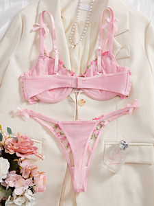 Rose Floral Embroidery Lace Lingerie Set Sexy Sheer Mesh Underwire <b>Bra</b> and Thong Panties Set French Style Underwear Set OEM ODM - Product Image 2