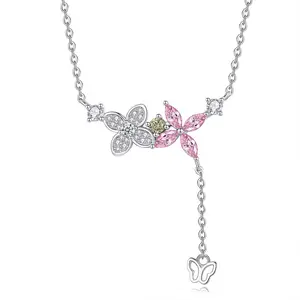 VANA Designer Four Leaf Clover Pink Zircon Cute Butterfly Pendant Dainty Fine 925 Sterling Silver Women Chains Jewelry Necklaces