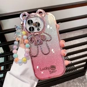 Luxury New Plating Glitter Bow Tie Bear chain bracelet Phone Case For IPhone 15 14 13 12 11 Pro Max With Holder Protective Cover