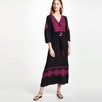 Robe mi-longue bohème noire décontractée manches 3/4 Smock devant Wrap tissu crêpe brodé grande taille a-ligne avec taille naturelle