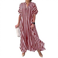 Gaun Kasual Wanita Musim Panas 2026, Bahan Tenun, Panjang Selutut, Lengan Pendek, Longgar, Model Gemuk, Merah Putih Bergaris, Serbaguna & Stylish