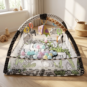 Tapis de jeu et piscine à balles Premium Noir et Blanc Thème Jungle pour bébé, base rembourrée lavable <span class=keywords><strong>en</strong></span> machine, jouets sensoriels à hochet, cadeau pour nourrisson - Product Image 1
