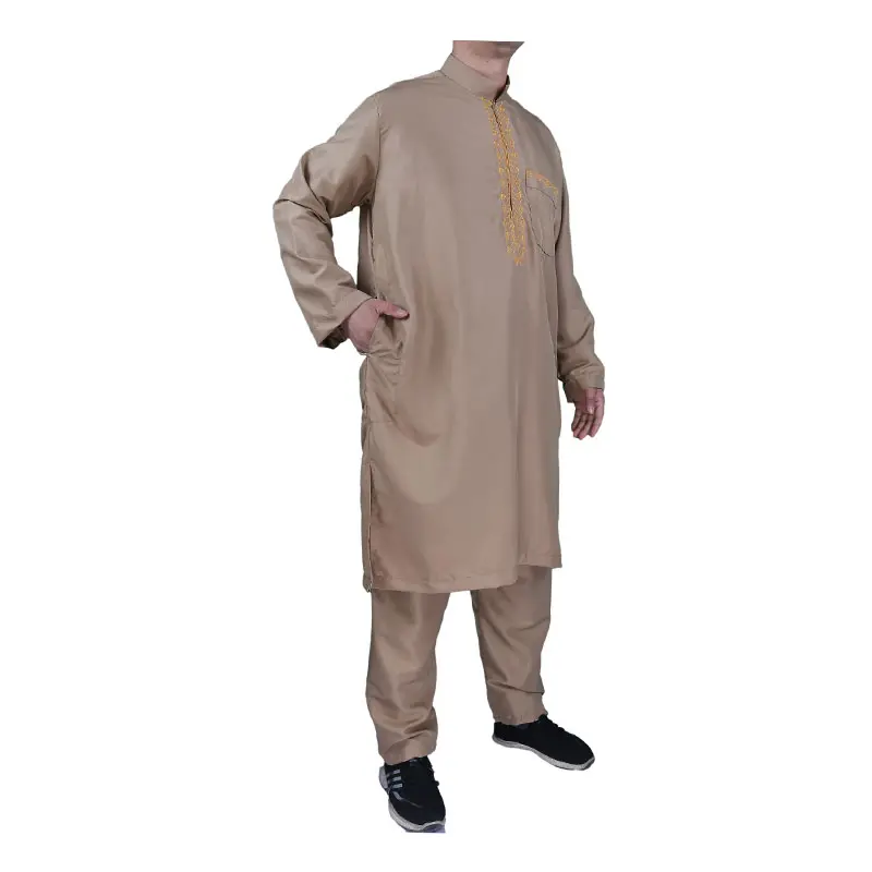 Estilo islámico de Pakistán Pray Man Thobe 2 piezas con pantalón Color blanco con túnica bordada