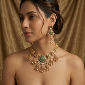 Conjunto nupcial chapado en oro de aleación: Collar gargantilla, pendientes colgantes, tikka, perlas de imitación étnicas, Kundan, último diseño de terceros. - Product Image 1