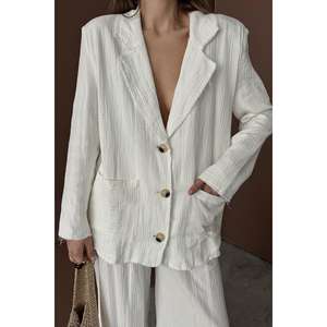 Conjunto de Traje Oversize de Lino para Mujer, Pantalones Anchos Transpirables Blancos, Blazer 100% Lino - Product Image 2