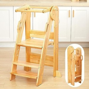 Wooden Kids <b>Step</b> Stool With Railings Solid Wood Safety Design For <b>Kitchen</b> Bathroom Use - Product Image 1