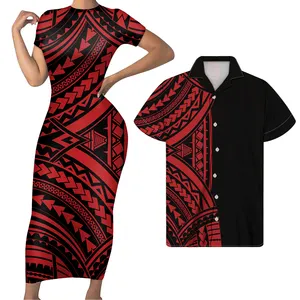 2021 Couple Set Clothing Red Polynesian Tribal Custom Print Women Party Long Dress Match Men's Shirts Fall Dresses For Women