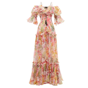 Été Nouveau Style femmes Robe Mode Licou Plissée À Volants à Imprimé Floral En soie Organza Robe - Product Image 2
