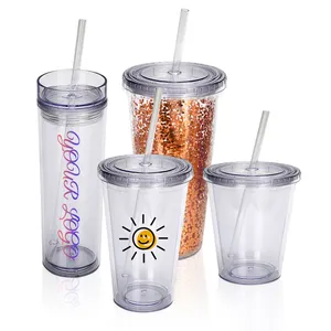 Custom logo 16oz 24oz Reusable Travel Coffee Mug Double Wall Insulate Clear Plastic acrylic Tumblers With Straw And Lid In Bulk