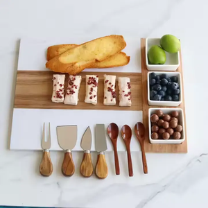 Ensemble de planches à charcuterie en marbre et bois d'acacia, 13 pièces, planche à fromage pour la cuisine avec 3 bols, 3 cuillères, 4 ustensiles pour hacher - Product Image 2