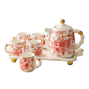 Caja de regalo con logotipo personalizado, juego de té de 7 piezas de porcelana de rosa azul, tetera floral británica con tazas de té, juego de fiesta de té para mujer con bandeja - Product Image 2