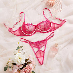 Sexy lingerie set, hete roze doorschijnende mesh met parelversiering, bh en string, dames sexy 2-delig ondergoed, lichte controle, romantisch - Product Image 1