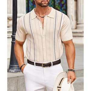 Camisa Casual de Manga Corta para Hombre, Tejida con Bordado, Cuello Camisero a Rayas, Transpirable para Verano - Product Image 5