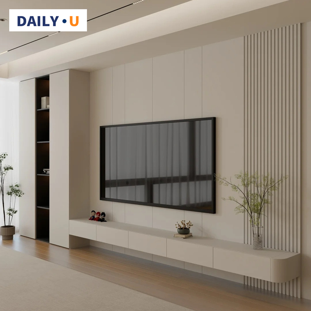 Custom-Made Modern Solid Wood TV Cabinet for Home Apartment with Integrated Wall Storage and Bedroom Use in Living Room