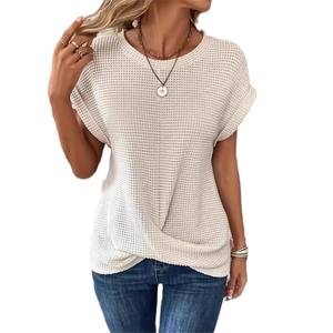 Camiseta de Cuello Redondo de Color Sólido de Alta Calidad para Primavera/Verano, Top Corto Elegante con Mangas Cortas para Mujer - Product Image 1