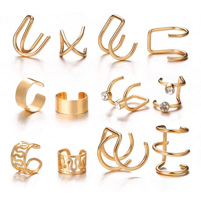 C Shaped Punk Earrings Cuffs Geometric Rhinestone Decor Ear Cuff Earrings 12pcs Gold No Piercing Clip on Earrings Set for Women