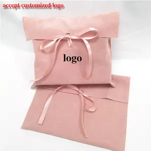 Tas amplop beludru merah muda kustom dengan Logo tas amplop beludru kustom dengan kantung tertutup pita