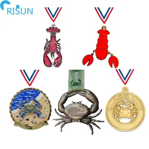 Medallones de esmalte 3D para carrera, medallones personalizados, medallones, cangrejo, langosta