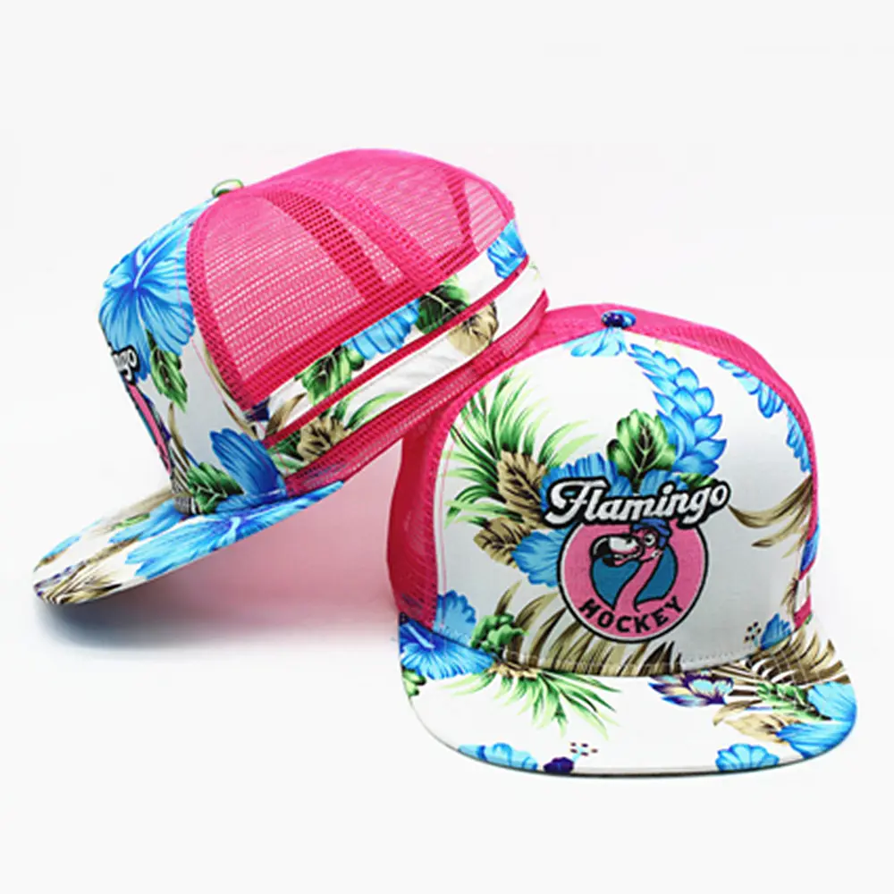 Custom Embroidery Logo Printing Hawaii Style Mesh Snapback Flat Brim Floral Trucker Hat And Caps