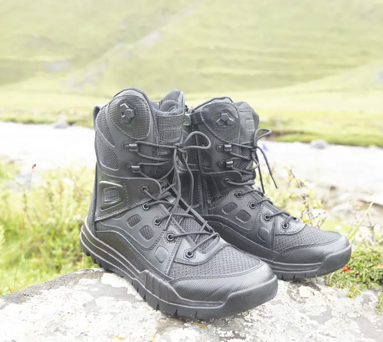 Stivali neri da combattimento antiscivolo suola in gomma Safetyboots nero/Desert Tan Men caviglia YKK Nylon Zipper