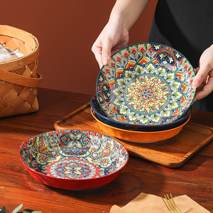 Bohemian Round <b>Ceramic</b> <b>Plate</b> Decorative Dinner Dish Floral Pattern Serving <b>Plate</b> for Home Restaurant - Product Image 2