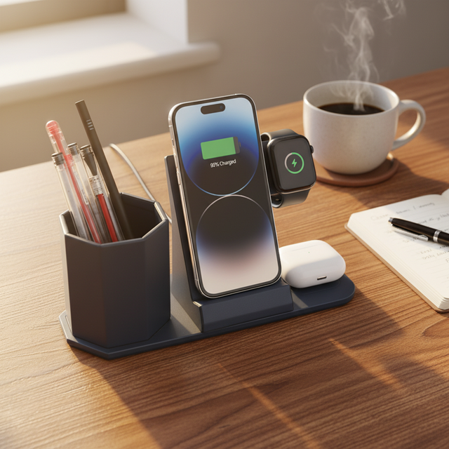 Desk Organizer 3-in-1 Wireless Charger PU Leather Station with Pen Holder for Smart Devices
