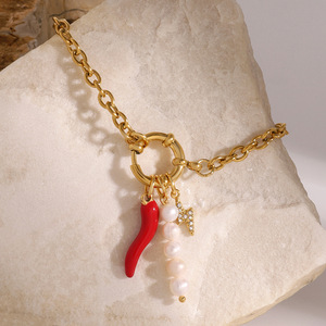 Fashion Charm <b>Bracelet</b> Gold Chain Pearl <b>Red</b> Chili Pendant Unisex Jewelry Gift - Product Image 3