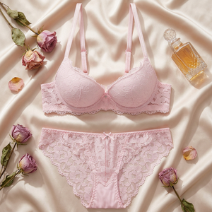 Conjunto de Lencería Romántica Rosa con Encaje, Sujetador con Aros y Braguita de Bikini, con Tirantes Ajustables, Copa Completa, Push-Up, para Mujer, OEM ODM - Product Image 2