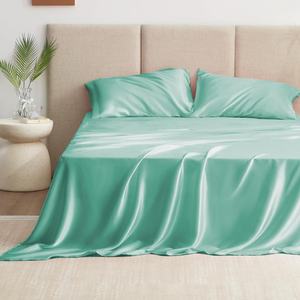 Juego de sábanas de satén de lujo al por mayor, de tacto sedoso, bolsillo profundo con 1 sábana plana, 1 sábana bajera ajustable, 2 fundas de almohada, patrón sólido - Product Image 2