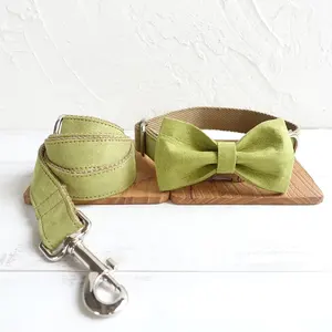 Etsy Green velvet dog collar leash bow set with brown webbing dog collars for large dogie Wish hot sell dog necklace and leads