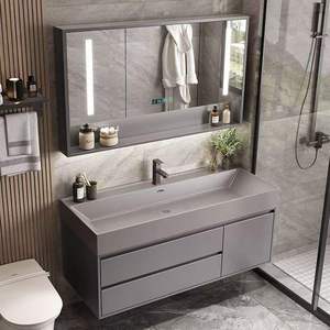 Meuble-lavabo mural moderne gris foncé personnalisé en gros avec vasque en céramique intégrée, miroir LED et étagère ouverte pour hôtel - Product Image 3