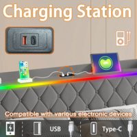 Tempat Tidur Penyimpanan Hidrolik Berlapis Beludru Grey Diamond Tuft dengan Headboard LED RGB yang Dapat Dikontrol via Aplikasi dan Stasiun Pengisian Daya USB Type C