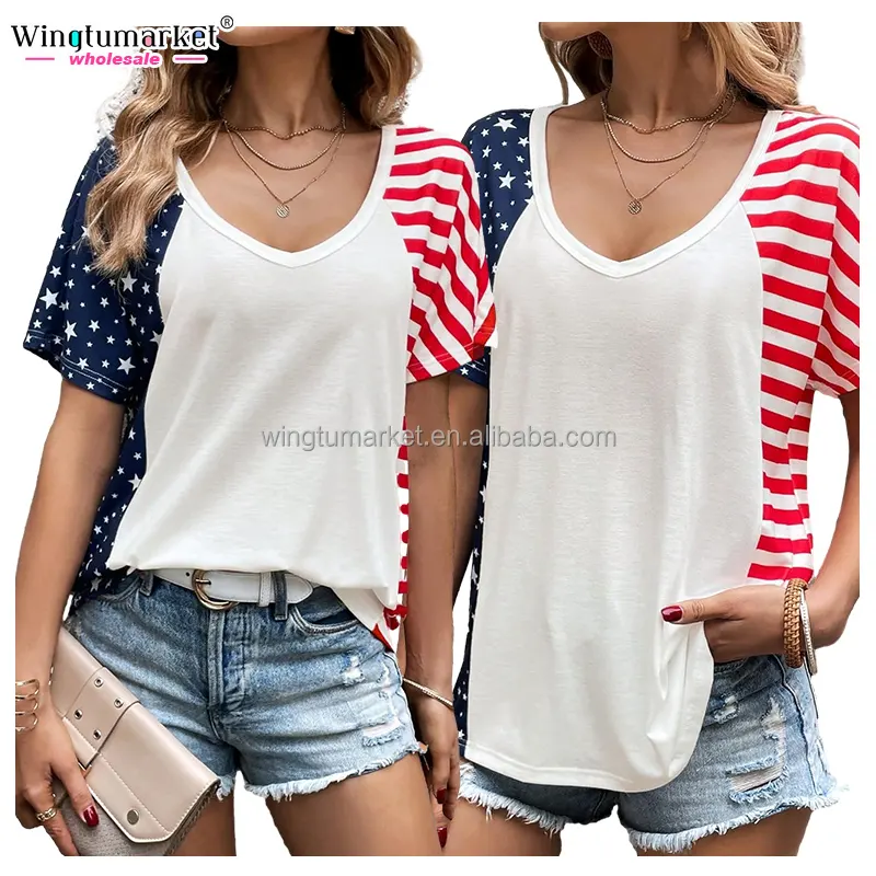 미국 국기 흰색 그래픽 t 셔츠 V 넥 애국 티 미국 스타 스트라이프 프린트 짧은 라글란 소매 t 셔츠 여성용 탑