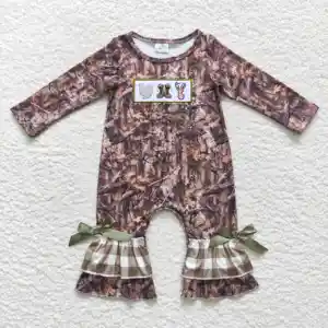 Ocidental infantil bebê menina manga longa turquia botas veados bordado camo plissado romper infantil boutique roupas crianças roupas